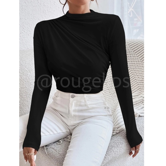 Ruched Asymmetric Black Long Sleeve Bodysuit - Picture 9 of 14
